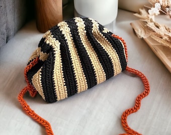 Striped Chain Strap Raffia Clutch Bag | Small Crossbody Bag | Crochet Tote Bag |  Straw Beach Bag