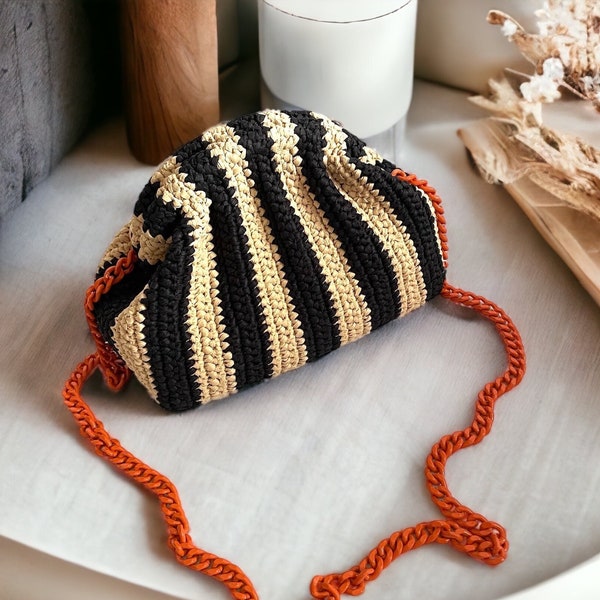 Striped Chain Strap Raffia Clutch Bag | Small Crossbody Bag | Crochet Tote Bag |  Straw Beach Bag