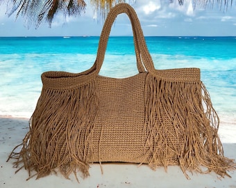 Crochet Raffia Tote Bag: Fringed Straw Beach Shoulder Bag