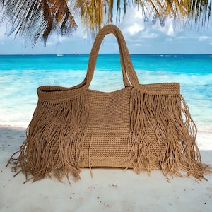 Gehäkelte Bast Einkaufstasche | Stroh Fransen Strandtasche | Große Schultertasche | Boho gewebte Tasche