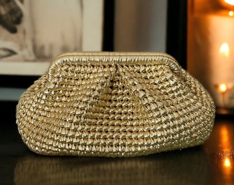 Grote gouden metallic lederen etui clutch tas | Handgemaakte avondtasje | Gehaakte luxe clutch portemonnee | Bruiloft koppeling