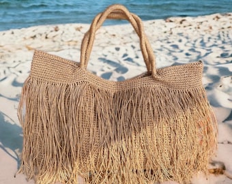 Bolso tote de rafia de ganchillo / Bolso de hombro tejido de playa con flecos de paja / Bolso Boho XLARGE