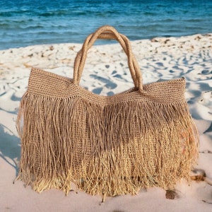 Crochet Raffia Tote Bag Straw Fringed Beach Woven Shoulder Bag Boho XLARGE Bag image 4