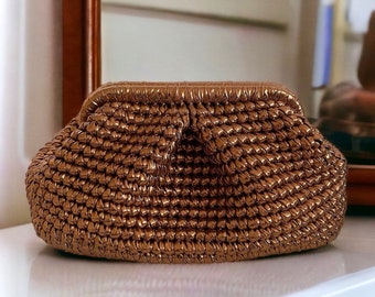 Large Bronze Metallic Leather Pouch Clutch Bag | Handmade Evening Bag | Crochet Luxury Clutch Purse | Wedding Clutch