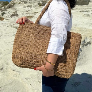 Raffia Patchwork Einkaufstasche häkeln | Stroh Strand gewebte Umhängetasche | Boho XL Tasche