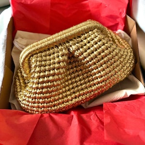 Gold Woven Metallic Leather Pouch Bag | Wedding Evening Clutch Top Handle | Handmade Gift | Vegan Soft Leather