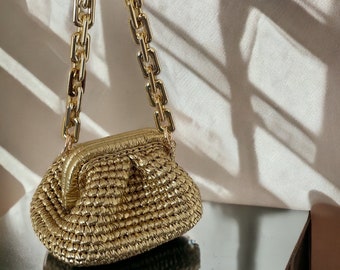 Chain Strap Metallic Raffia Bag | Gold Small Shoulder Pouch Bag | Handmade Woven Evening Bag | Wedding Clutch