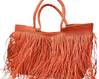 Orange Crochet Raffia Fringe Tote Bag: Handmade Boho Beach Shoulder Bag