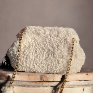 Handmade Furry Bag/Teddy Bag/Fluffy Pouch Bag/Luxury Plush White Bag/Shearling Clutch/Faux Fur Retro Purse/Curly Fabric Dumpling Clutch Bag