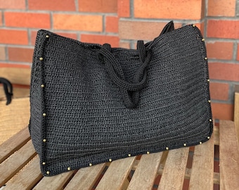 Crochet Raffia Black Tote Bag | Straw Summer Beach Woven Shoulder Bag | Boho XLARGE Bag