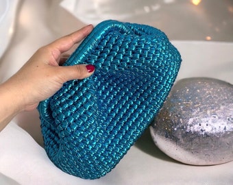 Turquoise Evening Crochet Woven Metallic Pouch Clutch Bag | Vegan Leather Clutch Purse | Handmade Gift