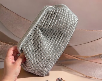 XLarge Silver Metallic Leather Pouch Clutch Bag | Handmade Evening Bag | Crochet Luxury Clutch Purse | Wedding Clutch