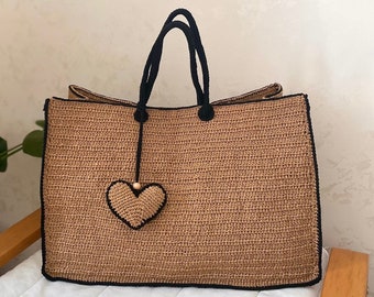 Bolso tote de rafia de ganchillo / Bolso de hombro tejido de playa de verano de paja / Bolso Boho XLARGE