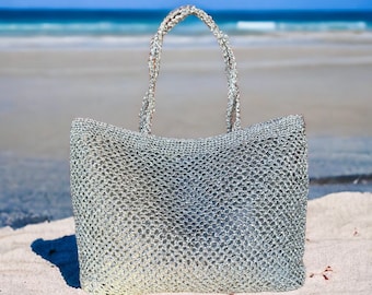 Silver Metallic Raffia Crochet Tote Bag | Mesh Beach Woven Shoulder Bag | XLARGE Bag