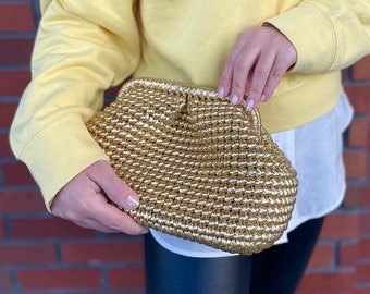 Gold Metallic Bag, Evening Knitting Pouch Bag, Handmade Crochet Clutch, Luxury Raffia Clutch Bag