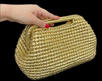 Gold Crochet Metallic Raffia Bag | Evening  Woven Pouch Bag | Handmade Luxury Bags For Women