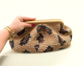 Leopard Print Crochet Raffia Beach Bag | Woven Straw Summer Pouch Clutch Bag | Eco-friendly Bags | Handmade Gift
