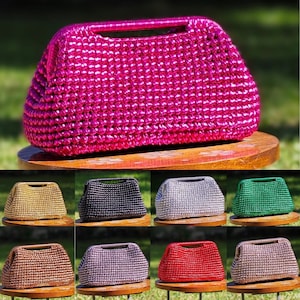 Metallic Top Handle Pouch Clutch Bag | Woven Wedding Crochet Clutch | Evening Vegan Leather Luxury Party Bag