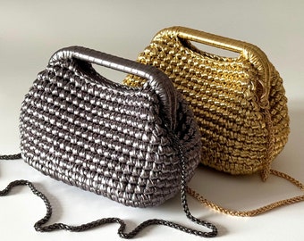 Woven Metallic Raffia Clutch: Handmade Vegan Leather Evening Bag