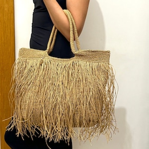Gehäkelte Bast Einkaufstasche | Stroh Fransen Strand gewebte Umhängetasche | Boho Tasche