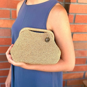 Gehäkelte Bast Top Griff Beutel Clutch Kleine Tasche | Gehäkelte Tragetasche aus Stroh Gewebte Strand-Clutch | Handgemachtes Geschenk