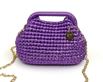 Woven Metallic Raffia Leather Small Clutch Top Handle Bag | Evening Wedding Clutch | Lilac | Gift For Her