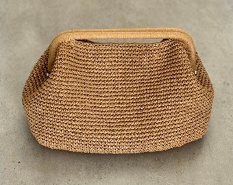 Pochette en raphia au crochet avec poignée supérieure | Cabas en paille au crochet | Pochette de plage tissée | Cadeau fait main