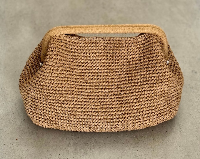 Crochet Raffia Top Handle Pouch Clutch Hand Bag | Crochet Tote Straw Bag | Woven Beach Clutch | Handmade Gift