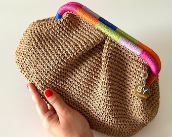 Crochet Raffia Clutch Bag: Colorful Summer Beach Handbag