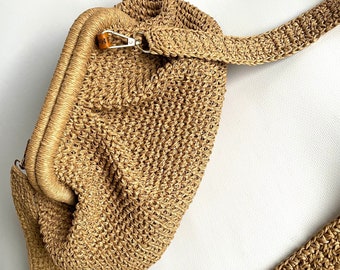 Crochet Raffia Pouch, Small Crossbody Tote Bag, Straw Woven Beach Bag,Natural Paper Rope Clutch Bag