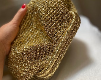 Metallic Gold Raffia Small Pouch Clutch Bag | Bridal Wedding Clutch | Evening Hand bag