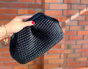 Black Leather Bag , Evening Knitted Pouch Bag, Crochet Metallic Leather Clutch ,Womens Handbag