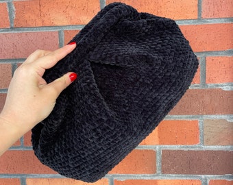 Black Velvet Pouch Clutch Dumpling Bag | Evening Crochet Bag | Knitting Plush Bag