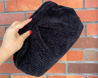 Black Velvet Pouch Clutch Dumpling Bag | Evening Crochet Bag | Knitting Plush Bag