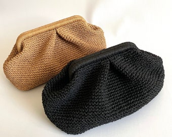 Pouch Clutch Bag With Hidden Metal Locked, Paper Rope Knitted Tan Clutch, Crochet Summer Bag Clutch,Straw Knitted Clutch Purse,handmade gift