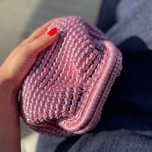 Handmade Metallic Leather Pouch Small , Crochet Evening Bag , Pink Mini Tote Bag , Womens Clutch Purse image 2
