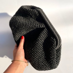 Black Raffia bag | Straw Crochet Tote Pouch Clutch Bag | Crochet Tote Bag With hidden clasp frame Beach Bag | Knitted Handcrafted Clutch