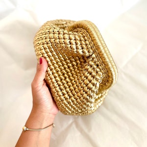 Evening Knitting Gold Metallic Pouch Clutch Bag Beach Wedding Raffia Small Clutch Purse Handmade Gift image 1