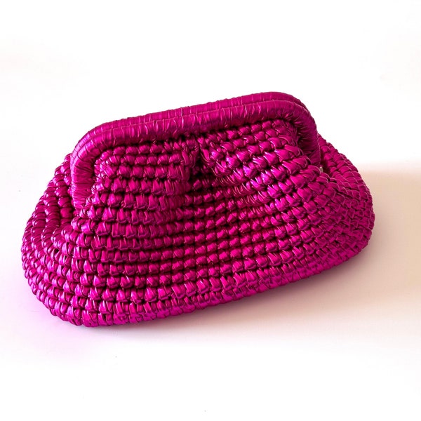 Fuchsia Metallic | Woven Leather Pouch Bag | Wedding Clutch Purse | Handmade Vegan Leather Luxury Bag