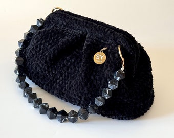 Black Velvet Evening Knitting Plush Clutch Hand Bag | Faux Fur Dumpling Bag | Puffy Boho Purse