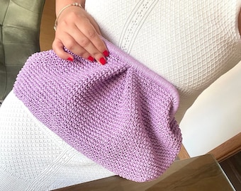 Lilac Crochet Raffia Clutch Bag: Handmade Woven Beach Purse