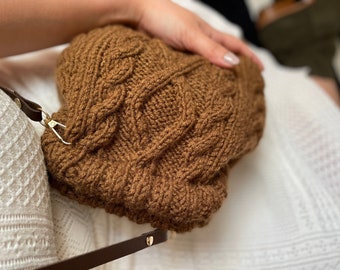 BROWN WOOL Bag, hand knitted crossbody mini wool cloud women's bag