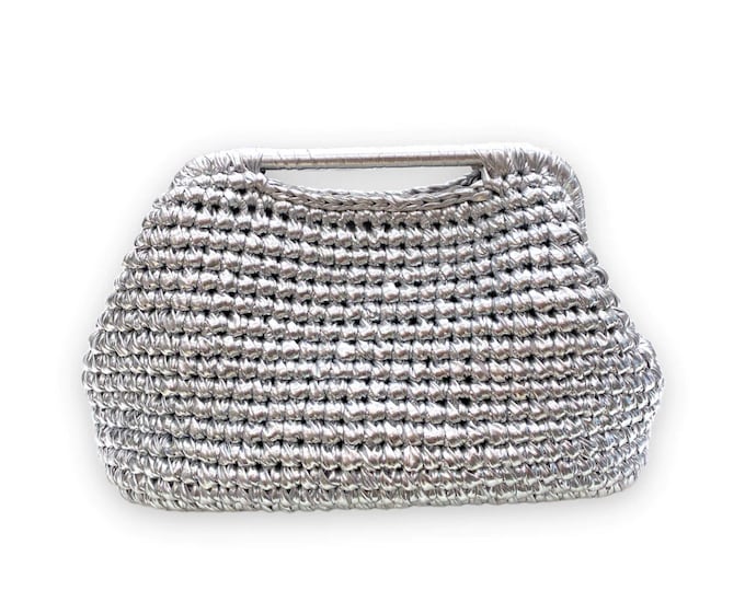 Handmade Clutch Bag , Evening Hand - Knit Pouch Bag, Metallic Vegan Leather Clutch, Valentine’s day gift for her, Silver bag