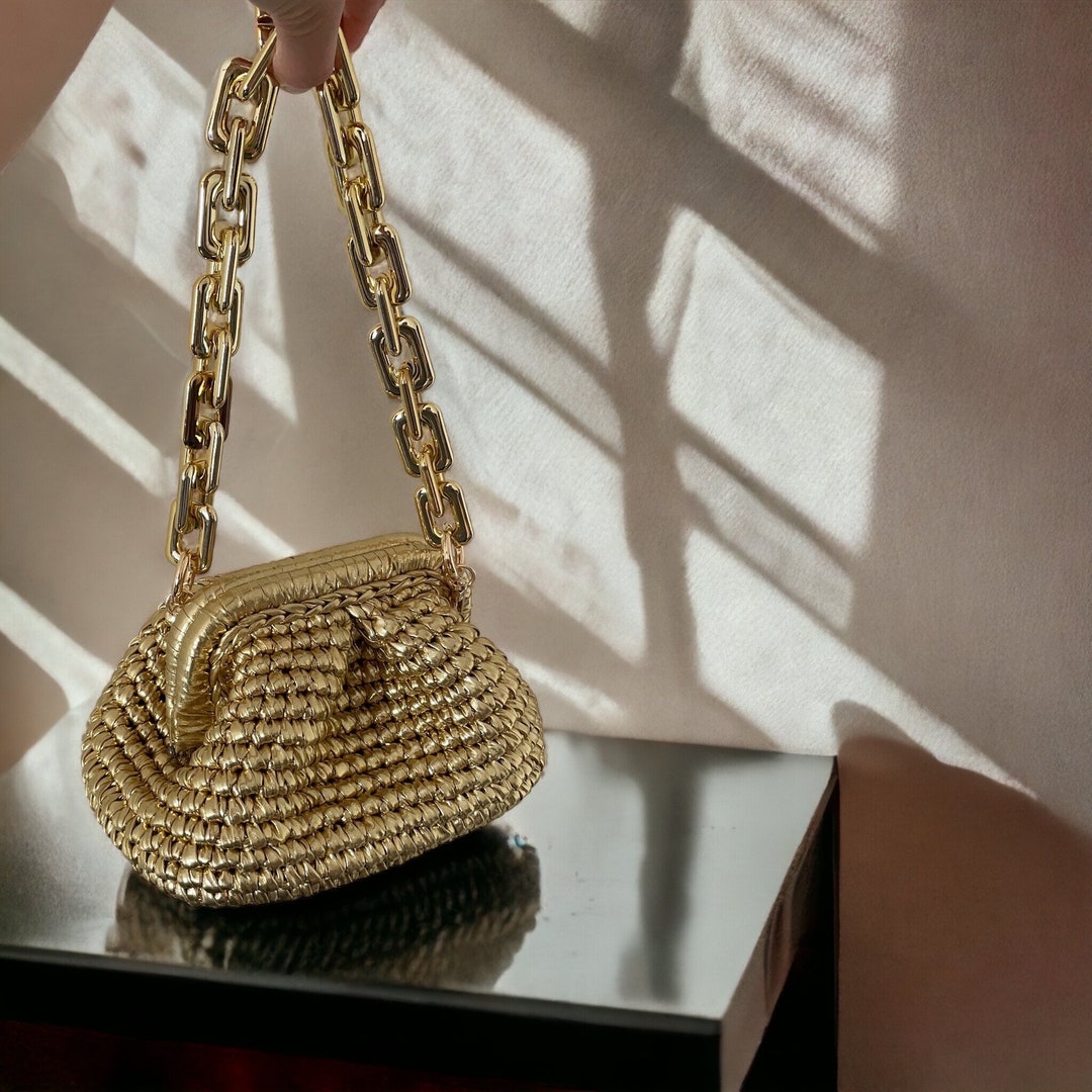 Chain Strap Metallic Raffia Bag Gold Small Shoulder Pouch - Etsy