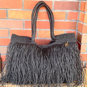 Crochet Raffia Tote Bag Straw Fringed Beach Woven Shoulder Bag Boho XLARGE Bag zdjęcie 3