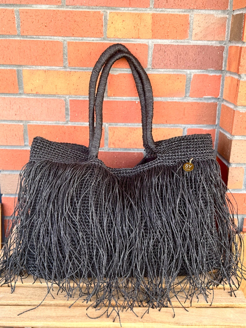 Crochet Raffia Tote Bag Straw Fringed Beach Woven Shoulder Bag Boho XLARGE Bag zdjęcie 3