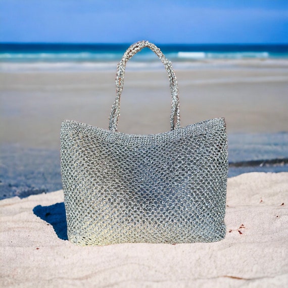 Silver Metallic Raffia Crochet Tote Bag Mesh Beach Woven Shoulder Bag XLARGE Bag Etsy