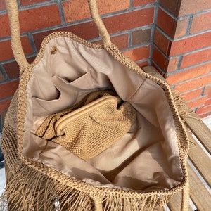 Crochet Raffia Tote Bag Straw Fringed Beach Woven Shoulder Bag Boho XLARGE Bag image 6