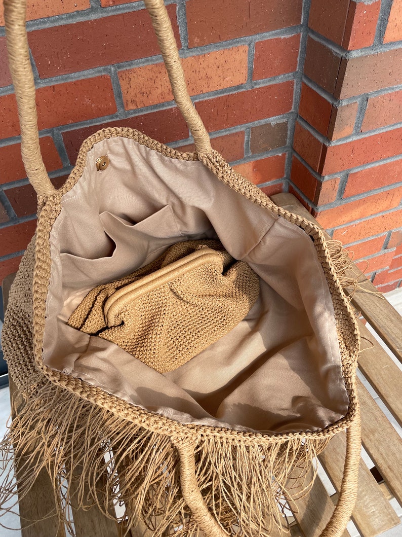 Crochet Raffia Tote Bag Straw Fringed Beach Woven Shoulder Bag Boho XLARGE Bag zdjęcie 7