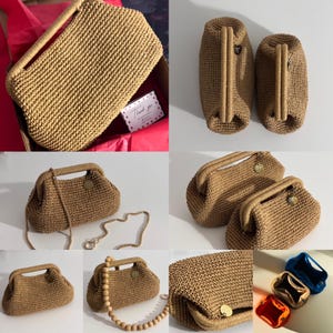 May include: A collection of handmade, woven handbags in various sizes and styles. The bags are a light brown color, with a textured appearance. Some bags have a handle, while others have a chain or beaded strap. A small gold-colored clasp is visible on some bags.